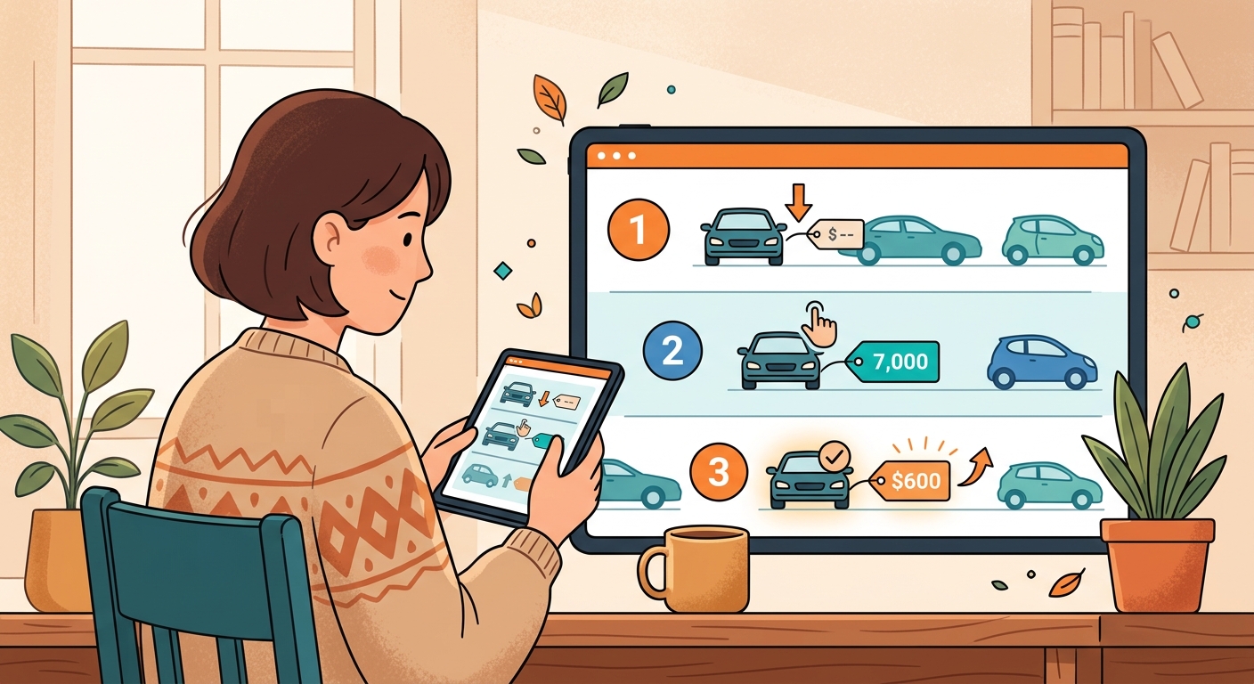 タブレットを使って一括で車の価格情報を更新する作業イメージイラスト