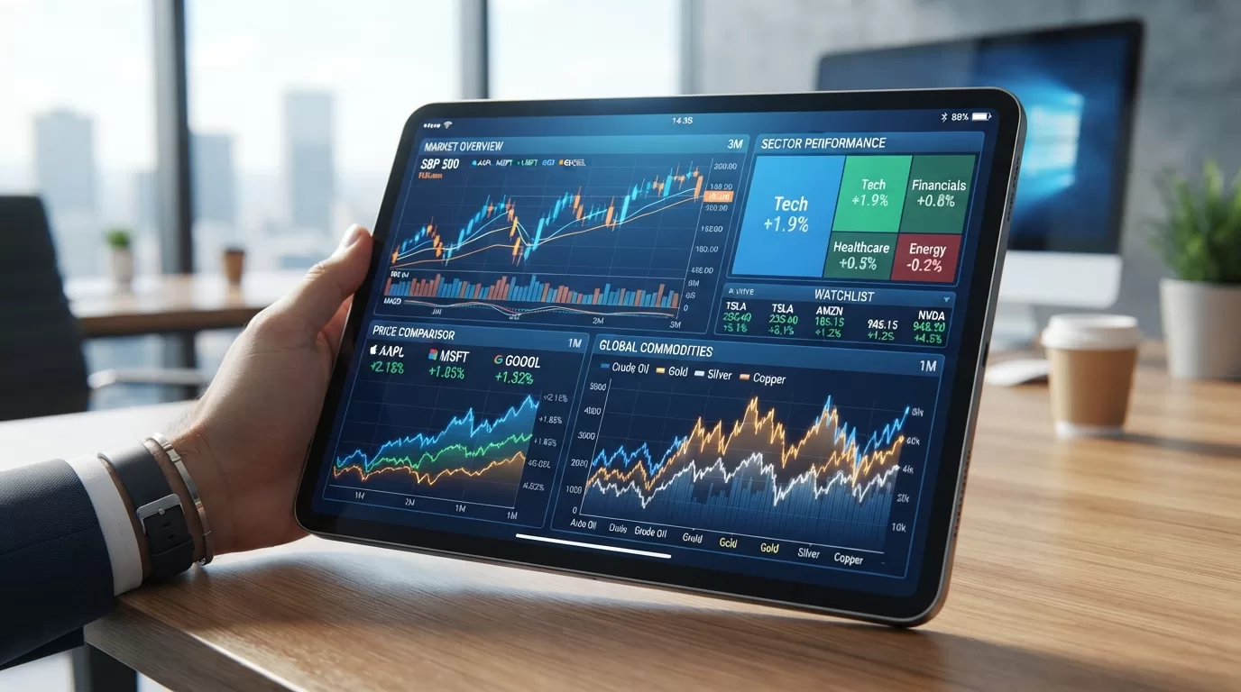 市場データと価格比較を表示するタブレット端末