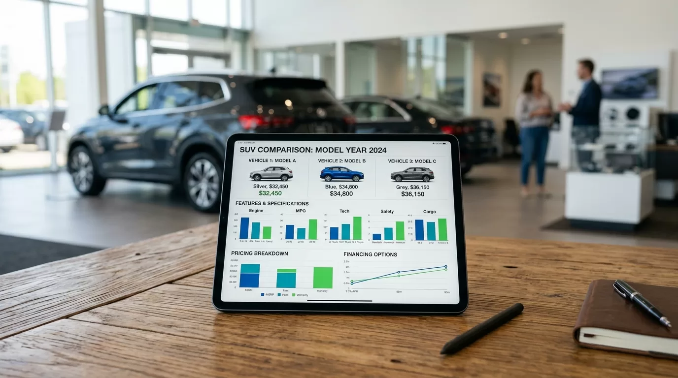 タブレットに表示された中古車相場比較グラフとショールームの背景